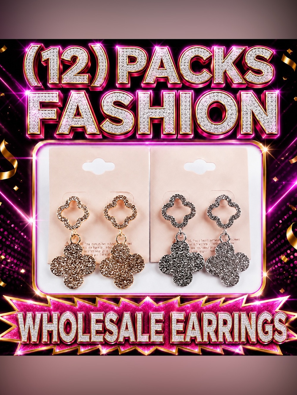 Fashion Glitter Clover Drop Earrings - Gold & Silver - Unbranded